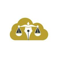 ley de pluma con plantilla de diseño de logotipo de vector de forma de nube. vector del logotipo de la ley con equilibrio judicial. escala de justicia en una pluma.