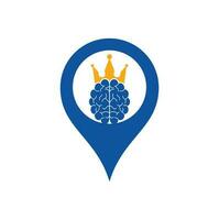 cerebro de corona y diseño de icono de logotipo en forma de gps. diseño de logotipo de vector de rey inteligente. cerebro humano con diseño de icono de corona.
