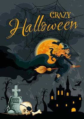 Halloween witch night cemetery vector poster