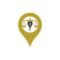 Pen Law with gps shape Vector Logo Design Template. Law logo vector with judicial balance. justice scale in a pen nib.