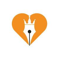 diseño de logotipo vectorial en forma de corazón y pluma de rey. plantilla de vector de diseño de logotipo de corona de pluma real.