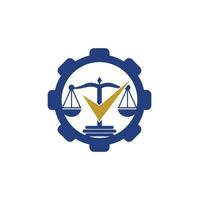 Compruebe el vector del logotipo de la forma del engranaje del bufete de abogados. diseño del logotipo vectorial del bufete de abogados. escala de ley con diseño de vector de icono de signo de verificación.