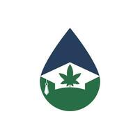 Diseño del logotipo del concepto de forma de gota de cannabis educativo. gorra de graduación y plantilla de icono del logotipo de marihuana. vector