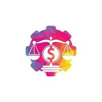 diseño de logotipo de vector de forma de engranaje de bufete de abogados de dinero. concepto de finanzas escala de logotipo e icono de símbolo de dólar.