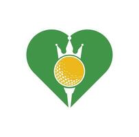 diseño de logotipo vectorial de concepto de forma de corazón de golf rey. pelota de golf con icono de vector de corona.