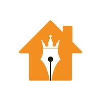 Diseño de logotipo de vector de forma de casa y pluma de rey. plantilla de vector de diseño de logotipo de corona de pluma real.