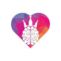 diseño del icono del logotipo de la forma del corazón del cerebro de la corona. diseño de logotipo de vector de rey inteligente. cerebro humano con diseño de icono de corona.