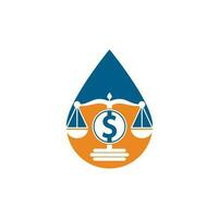 diseño de logotipo de vector de forma de gota de bufete de abogados de dinero. concepto de finanzas icono de escala de logotipo y símbolo de dólar