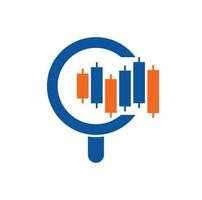 Search finance logo design vector icon. Vector logo combination of a graph and magnifier.