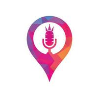 Podcast king and gps shape vector logo design. King music logo design concept.