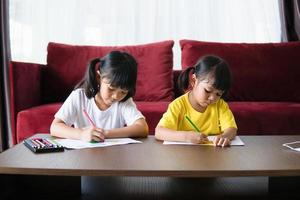 dos niñas estudiantes asiáticas estudian en línea con el maestro por videollamada juntas. los hermanos están educando en casa con una computadora portátil durante la cuarentena debido a la pandemia de covid 19. foto