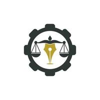 ley de pluma con plantilla de diseño de logotipo de vector de forma de engranaje. vector del logotipo de la ley con equilibrio judicial. escala de justicia en una pluma.