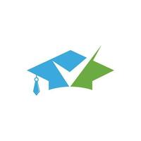 sombrero de graduación y diseño de logotipo de cheque. diseño de logotipo educativo y logotipo de marca de verificación. vector