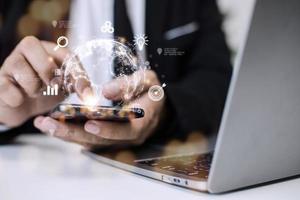 People use mobile smartphones. Business global internet connection application technology and digital marketing, Financial and banking, Digital link tech, big data. photo