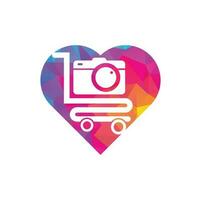 Camera Shop heart shape concept Logo vector icon. Shopping Cart with Camera Lens Logo Design Template.