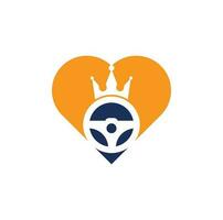Drive king heart concept vector logo design. Steering and crown icon.