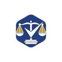 diseño del logotipo vectorial del bufete de abogados. escala de ley con diseño de vector de icono de signo de verificación.