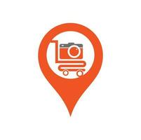 Camera Shop gps shape concept Logo vector icon. Shopping Cart with Camera Lens Logo Design Template.