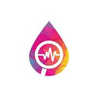 Find pulse drop shape logo designs concept. Magnifier and heartbeat logo template. Pulse trace and loupe vector