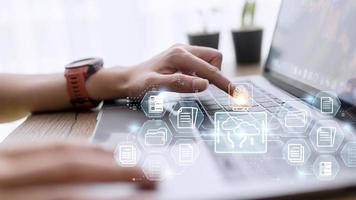 Fingerprint scanning and biometric authentication. system for document management DMS. software that automates the archiving and management of data files. concept of Internet technology. photo