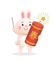 lindo personaje de conejo o mascota con petardos para el año nuevo chino, año del conejo, estilo de dibujos animados vectoriales vector