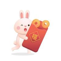 lindo personaje o mascota de conejo, año nuevo chino, monedas de oro y bolsa de papel roja, año del conejo, estilo de dibujos animados vectoriales vector