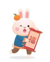 Chinese lunar new year with cute rabbit character or mascot, spring couplet with scroll, year of the rabbit, vector cartoon style