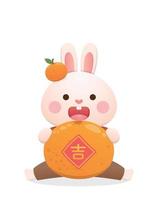 Cute rabbit character or mascot with tangerine, Chinese lunar new year elements, year of the rabbit, vector cartoon style