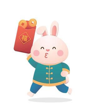 Cute rabbit character or mascot with red envelopes and gold coins, Chinese lunar new year elements, year of the rabbit, vector cartoon style