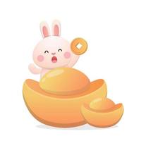 Cute rabbit character or mascot, Chinese new year, reward with gold coins and gold ingots, year of the rabbit, vector cartoon style