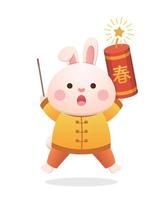 Cute rabbit character or mascot with firecrackers for Chinese New Year, Year of the Rabbit, vector cartoon style