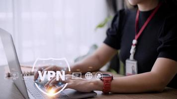 VPN secure connection concept. Person using Virtual Private Network technology to create encrypted tunnel to remote server on internet to protect data privacy or bypass censorship photo