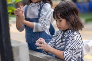 Asian kids are washing their hands. Protection against infections and viruses. photo