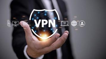 VPN secure connection concept. Person using Virtual Private Network technology to create encrypted tunnel to remote server on internet to protect data privacy or bypass censorship photo