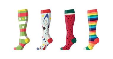 Collection of colorful socks with different prints. vector