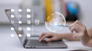 Document in folder to manage a hybrid cloud system and download or upload data to cloud computing. document management concept. photo