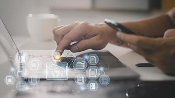 Fingerprint scanning and biometric authentication. system for document management DMS. software that automates the archiving and management of data files. concept of Internet technology. photo