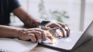 Icon cloud computing network and icon connection data information. Cloud computing and technology concept. photo
