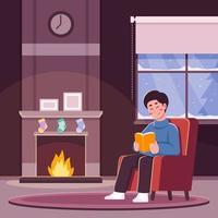 hombre leyendo un libro junto a la chimenea en invierno vector