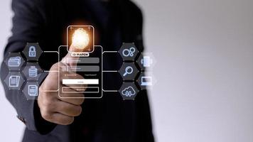 Fingerprint scanning and biometric authentication, processing of biometric for access personal data. surveillance and security scanning of digital programs cyber futuristic applications photo