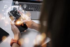 People use mobile smartphones. Business global internet connection application technology and digital marketing, Financial and banking, Digital link tech, big data. photo