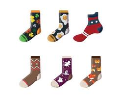 Collection of colorful socks with different prints. vector