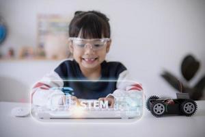 STEM school kids learning education technology building robot car creative ideas construction development programming analysis, graphical icons UI screen photo