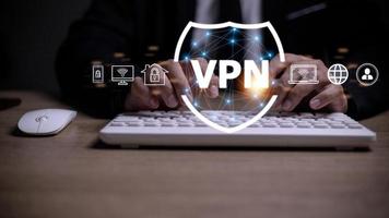 VPN secure connection concept. Person using Virtual Private Network technology to create encrypted tunnel to remote server on internet to protect data privacy or bypass censorship photo