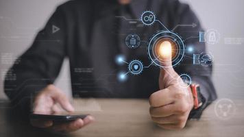 Technology fingerprint scan provides security. digital transformation change management,new technology big data and business process strategy, automate operation, customer service management. photo