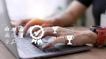 Quality Assurance concept, operating with the quality assurance, guarantee, standards, ISO certification, and standardization notion as proof of top service photo