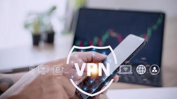 VPN secure connection concept. Person using Virtual Private Network technology to create encrypted tunnel to remote server on internet to protect data privacy or bypass censorship photo