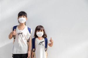 Sibling little girl wearing a mask to stop coronavirus outbreak.quarantine Asian sibling.covid-19 coronavirus and pandemic virus symptoms. photo