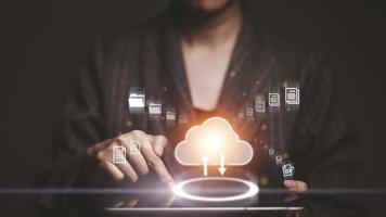 cloud computing diagram show on hand. Cloud technology. Data storage. Networking and internet service concept. photo
