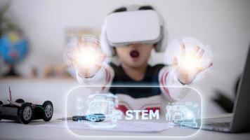 STEM school kids learning education technology building robot car creative ideas construction development programming analysis, graphical icons UI screen photo